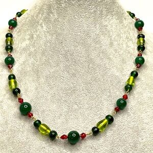 Artisan Handmade Emerald Green Gemstone Artisan Glass Chain Beaded Necklace Boho